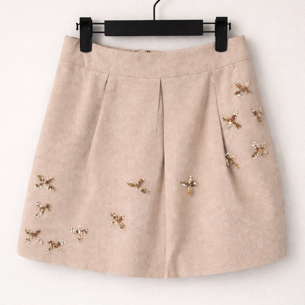 Anthropologie Leifnotes Sequin Bird Mini Skirt Gold Tan Sz 4 26”